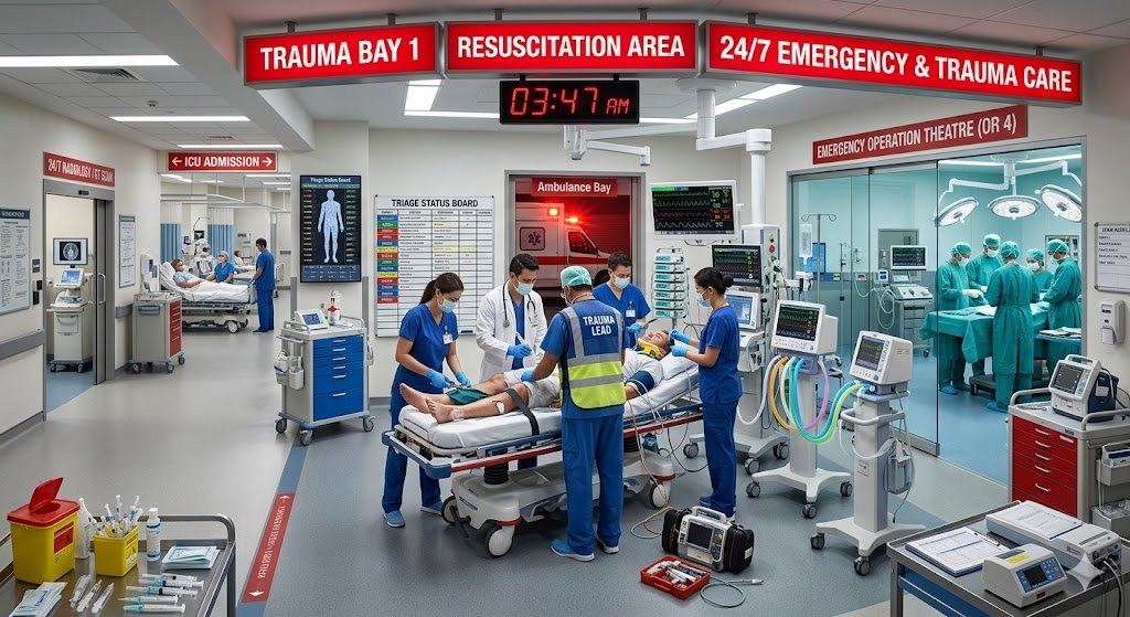 Accident & Emergency 24/7 emergency and trauma care unit Regal Hospital Thanisandra Bangalore